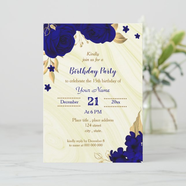 Invitation fête d'anniversaire de la famille royale bleue or (Debout devant)