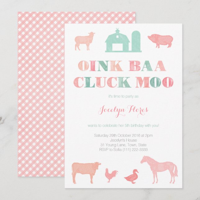 Invitation fête d'anniversaire de la ferme pour fille, oink b (Devant / Derrière)