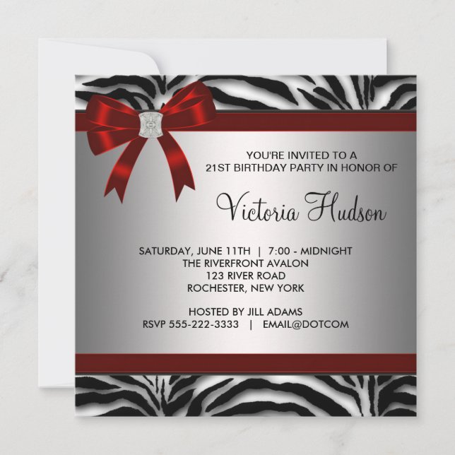 Invitation Fête d'anniversaire de la fille du zèbre rouge fem (Devant)