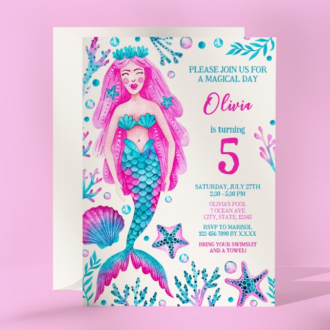 Invitation Fête d'anniversaire de la fille Mermaid rose et tu (Mermaid Pink and Turquoise Girl's Birthday Party Invitation)