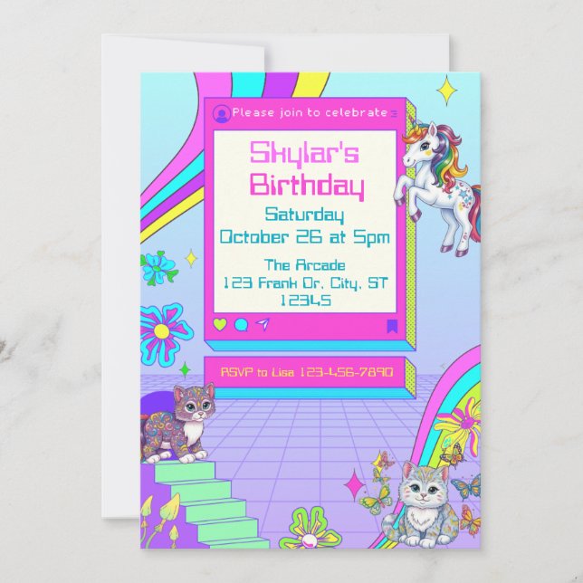 Invitation Fête d'anniversaire de la fille Neon Gamer avec an (Devant)