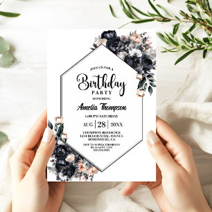 Invitation Fête d'anniversaire de la floraison noire moderne
