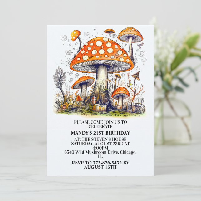 Invitation Fête d'anniversaire de la Forêt de champignons sau (Debout devant)