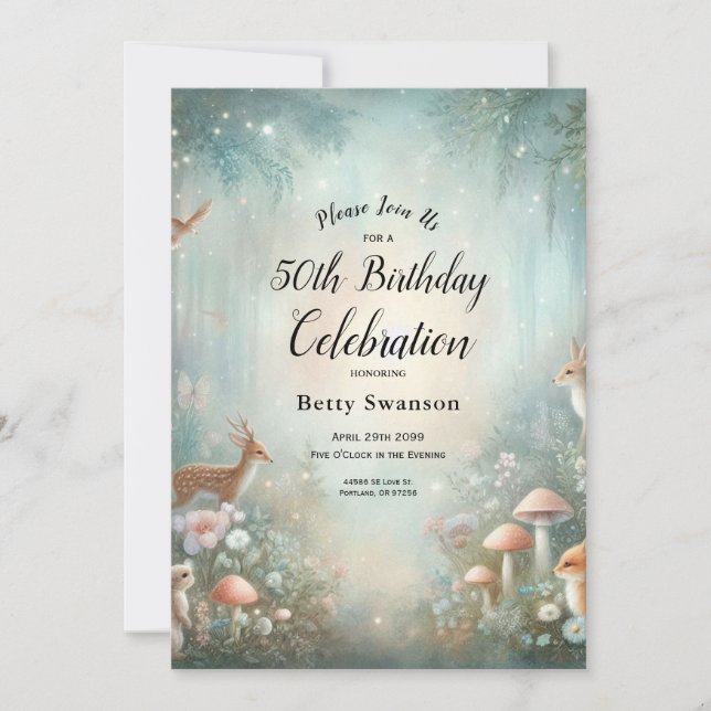 Invitation Fête d'anniversaire de la forêt enchantée turquois (Devant)