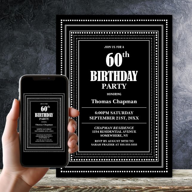 Invitation Fête d'anniversaire de la frontière noire et blanc (Créateur téléchargé)