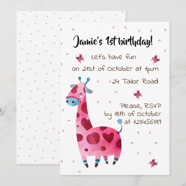 Invitation Fête d'anniversaire de la girafe rose (Devant / Derrière)