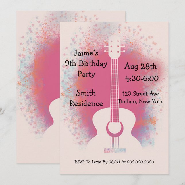 Invitation Fête d'anniversaire de la guitare (Devant / Derrière)