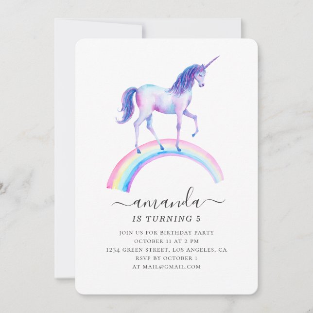 Invitation Fête d'anniversaire de la licorne d'aquarelle. Béb (Devant)