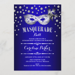 Invitation Fête d'anniversaire de la mascarade bleue d'argent