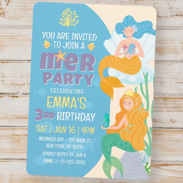 Invitation Fête d'anniversaire de la mignonne sirène moderne (Créateur téléchargé)