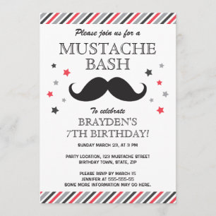 Invitation Fête d'anniversaire de la moustache bash à rayures