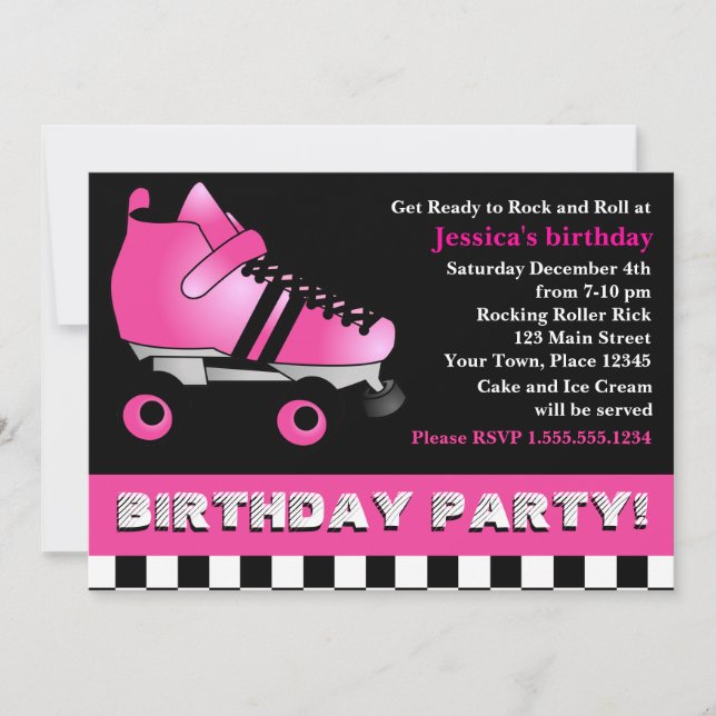 Invitation Fête d'anniversaire de la Patinée à roulettes rose (Devant)