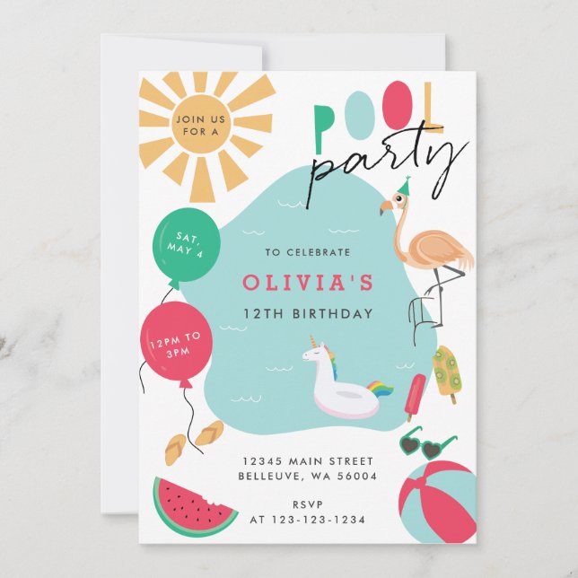 Invitation fête d'anniversaire de la piscine (Devant)