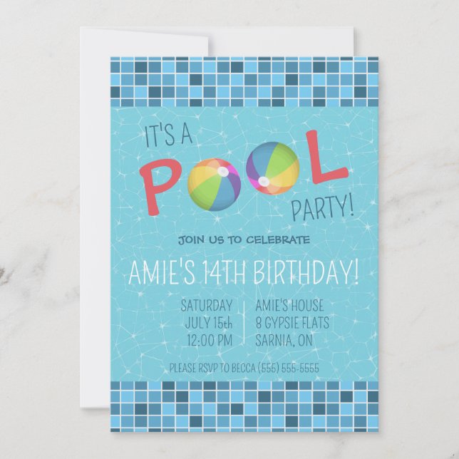 Invitation Fête d'anniversaire de la piscine (Devant)