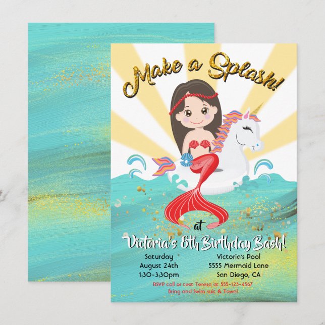 Invitation Fête d'anniversaire de la piscine de sirène de la  (Devant / Derrière)