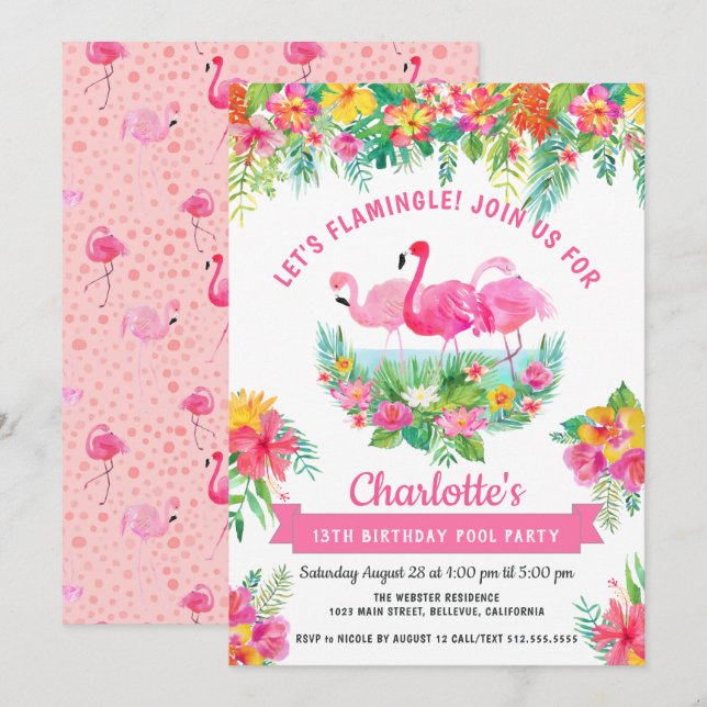 Invitation Fête d'anniversaire de la piscine tropicale modern (Devant / Derrière)