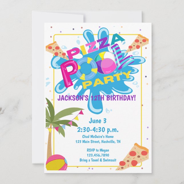 Invitation Fête d'anniversaire de la pizza et de la piscine (Devant)