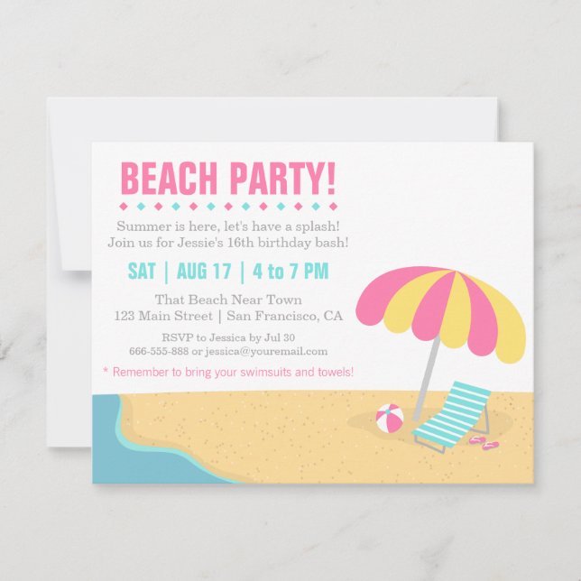 Invitation Fête d'anniversaire de la plage d'été des adolesce (Devant)
