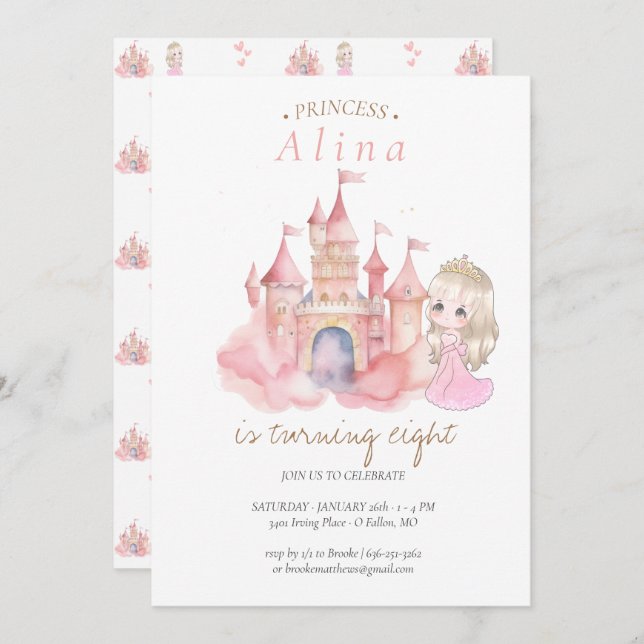 Invitation Fête d'anniversaire de la princesse (Devant / Derrière)