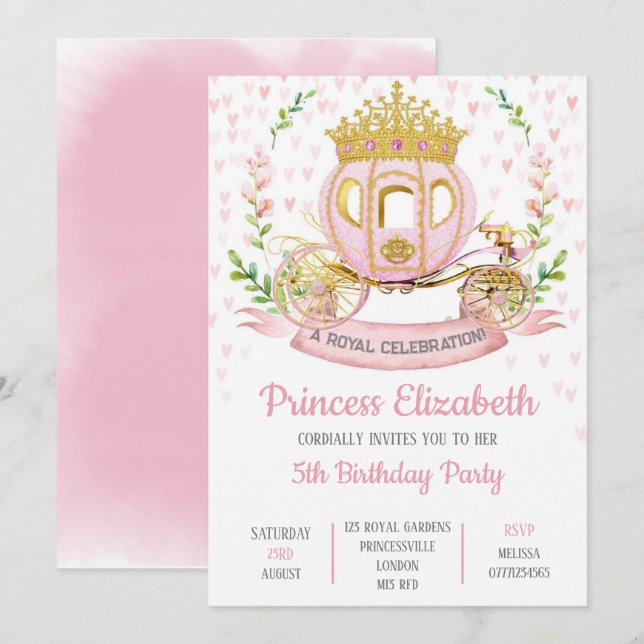 Invitation Fête d'anniversaire de la princesse (Devant / Derrière)