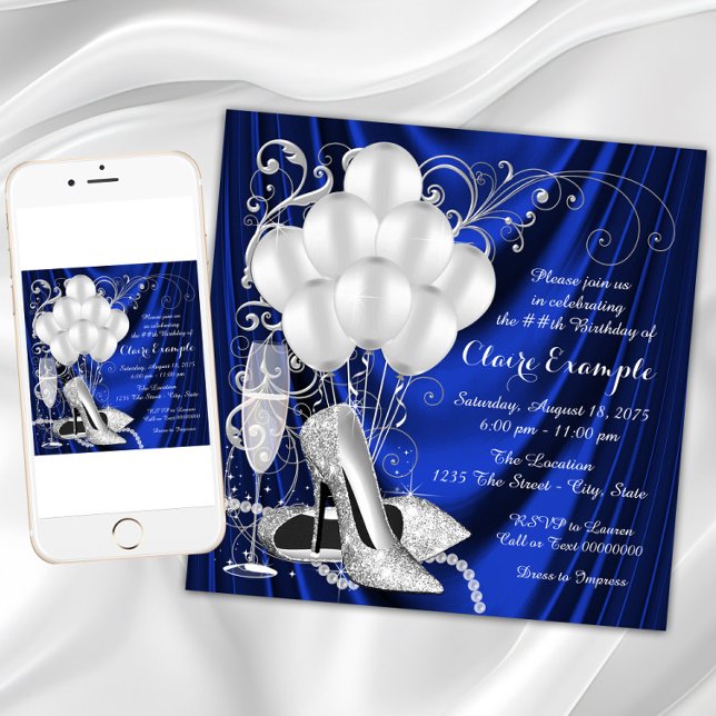 Invitation Fête d'anniversaire de la Royal Blue et d'argent L (Womans Royal Blue and Silver Birthday Party Invitation with elegant silver high heel shoes.)