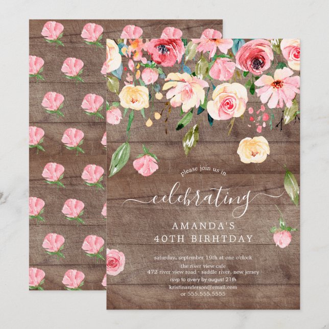 Invitation Fête d'anniversaire de la Russe Floral Drop Pink P (Devant / Derrière)
