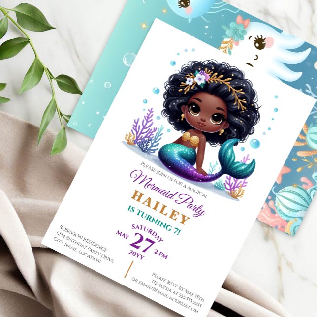 Invitation Fête d'anniversaire de la Sirène magique (Celebrate your little girl's special day with a customizable magical mermaid birthday party invite.)