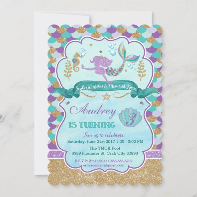 Invitation Fête d'anniversaire de la sirène personnalisée (Devant)