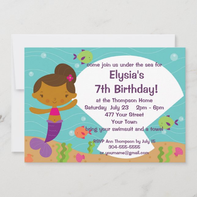 Invitation Fête d'anniversaire de la Sirène pour enfants pers (Devant)