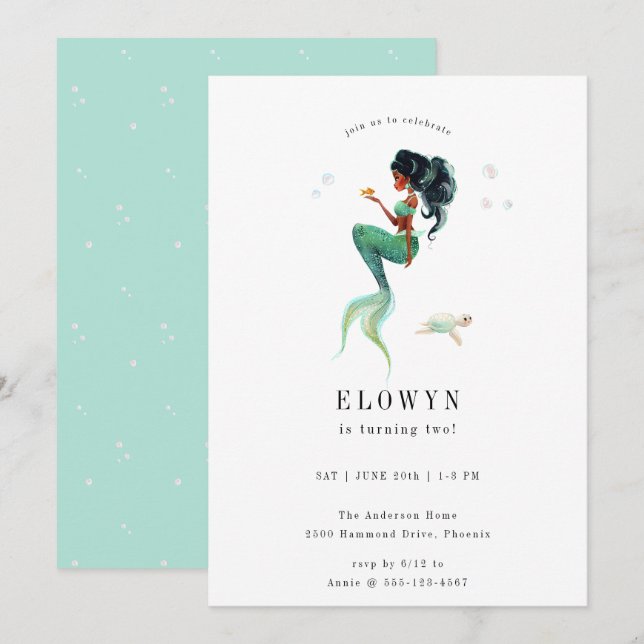 Invitation Fête d'anniversaire de la Sirène turquoise (Devant / Derrière)