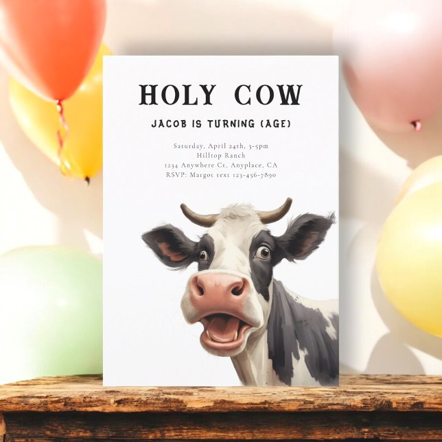 Invitation fête d'anniversaire de la vache (holy cow cute simple birthday invitation featuring a fun  watercolor cow looking shocked )