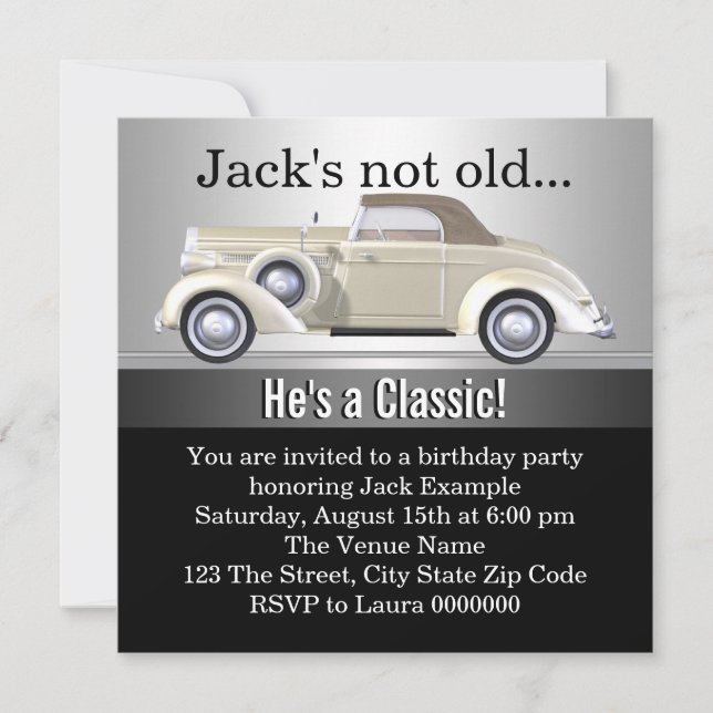 Invitation Fête d'anniversaire de la voiture antique Mans (Devant)