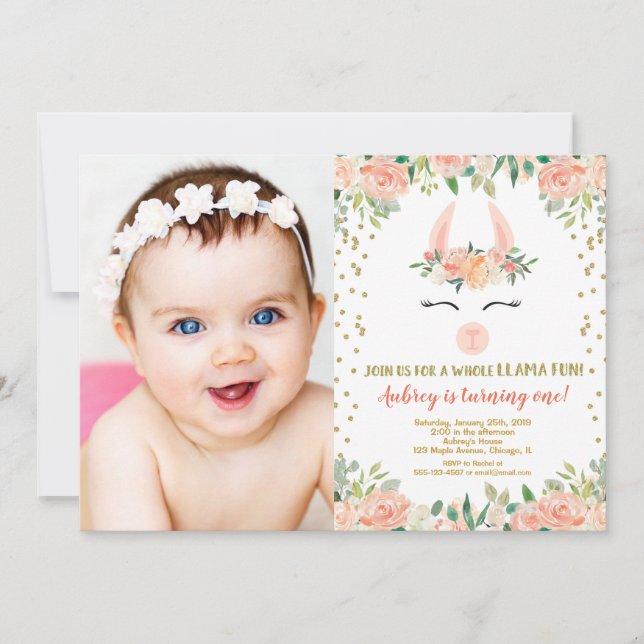 Invitation Fête d'anniversaire de lama, photo mignonne (Devant)
