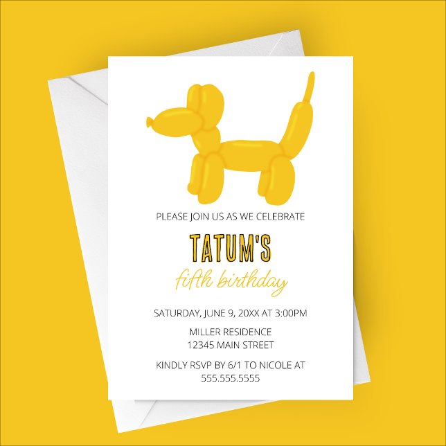 Invitation Fête d'anniversaire de l'animal de ballons de chie (Yellow Dog Balloon Animal Birthday Party Invitation)