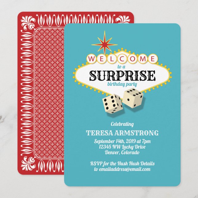 Invitation Fête d'anniversaire de Las Vegas : Marquis surpris (Devant / Derrière)