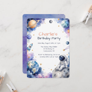 Invitation Fête d'anniversaire de l'astronaute à l'aquarelle