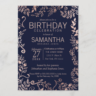 Invitation Fête d'anniversaire de l'Elegant Navy Blue Rose Go