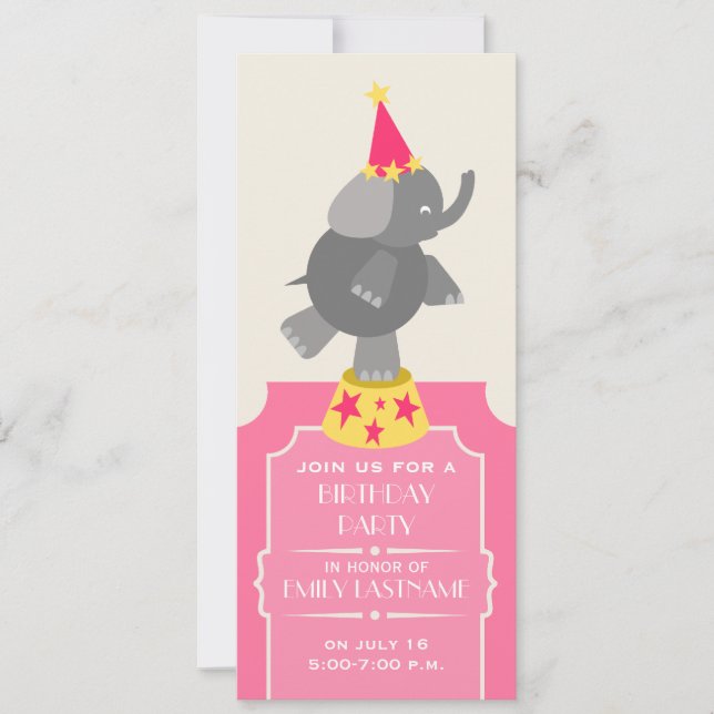 Invitation Fête d'anniversaire de l'éléphant Pink Circus (Devant)