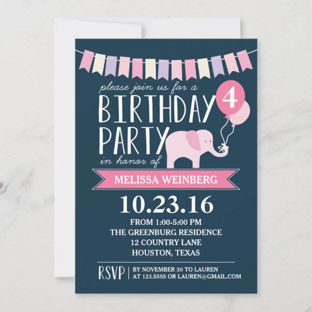 Invitation Fête d'anniversaire de l'éléphant selon l'âge | An (Devant)