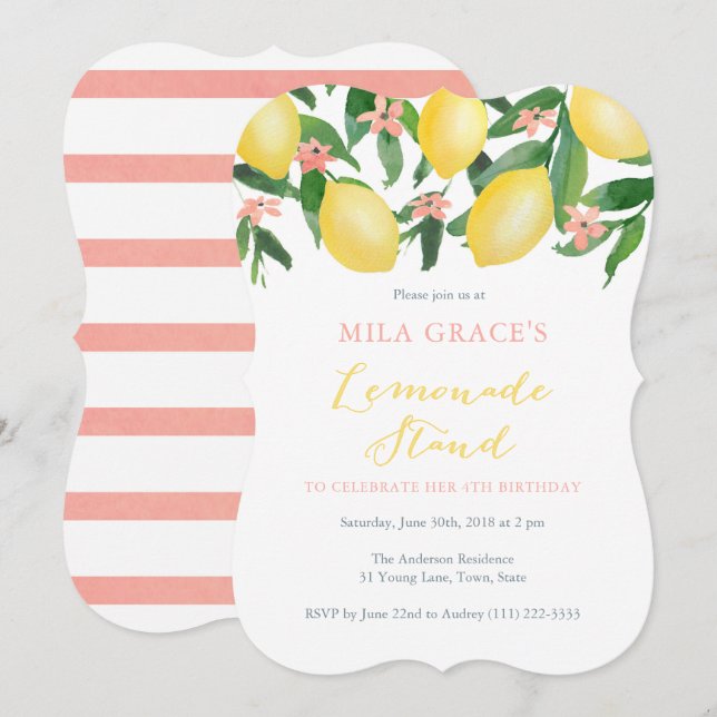 Invitation Fête D'Anniversaire De Lemonade Pour Petite Fille (Devant / Derrière)