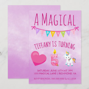 Invitation Fête d'anniversaire de licorne cinq années