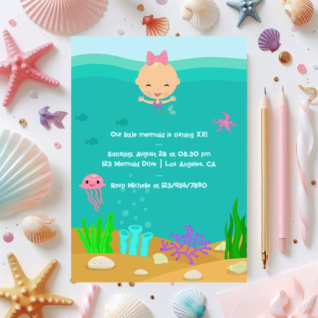 Invitation Fête d'anniversaire de Little Mermaid Underwater (Little Mermaid Underwater Birthday Party Invitation)