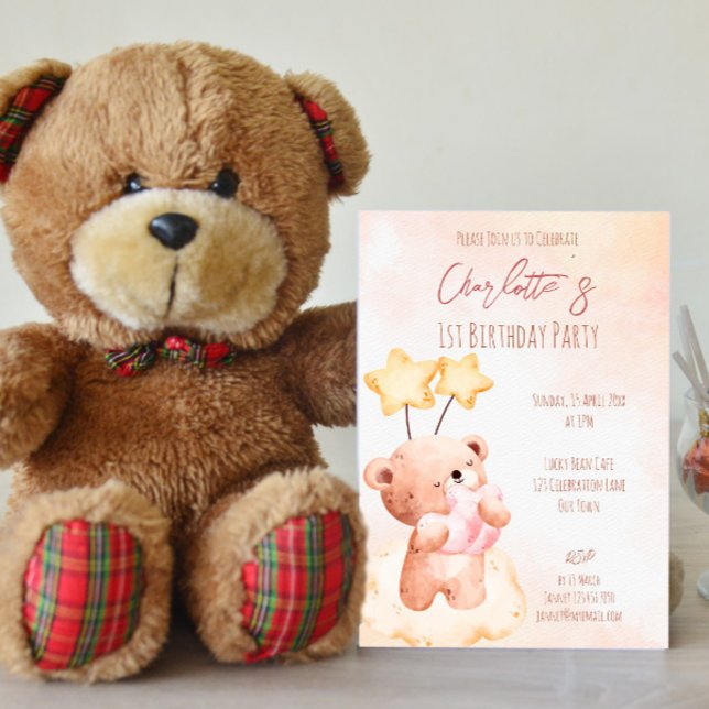 Invitation Fête d'anniversaire de l'ours en peluche rose past (Créateur téléchargé)