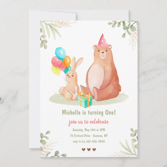 Invitation Fête d'anniversaire de l'ours et du lapin (Devant)