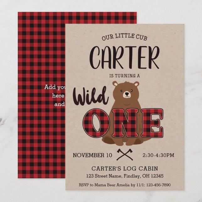 Invitation Fête d'anniversaire de l'Ours Plaid Wild ONE (Devant / Derrière)