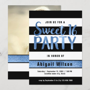 Invitation Fête d'anniversaire de l'sweet sixteen bleu noir b