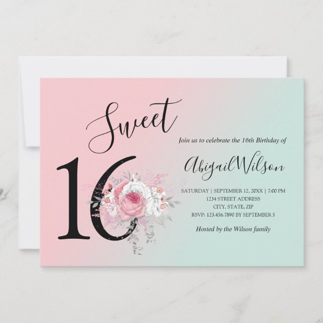 Invitation Fête d'anniversaire de l'sweet sixteen floral mode (Devant)