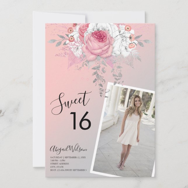 Invitation Fête d'anniversaire de l'sweet sixteen floral mode (Devant)