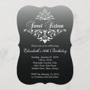 Invitation Fête d'anniversaire de l'Sweet sixteen noir blanc