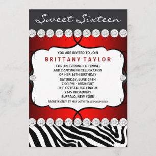 Invitation Fête d'anniversaire de l'Sweet sixteen rouge zébré